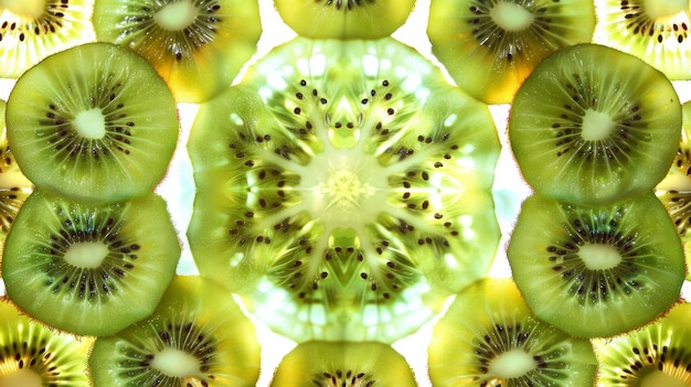 Un patrón creativo con frutas de kiwi verdes vibrantes en el centro de la composición