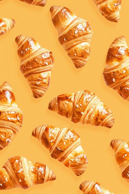 Foto patrón con croissants recién horneados sobre un fondo amarillo