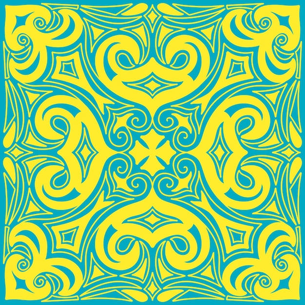 Patrón cuadrado simétrico de elementos étnicos kazajos en los colores turquesa y amarilla de la bandera nacional