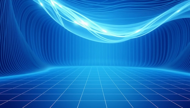 Patrón de cuadrícula azul y blanco abstracto con rayas de luz brillantes en una forma curva
