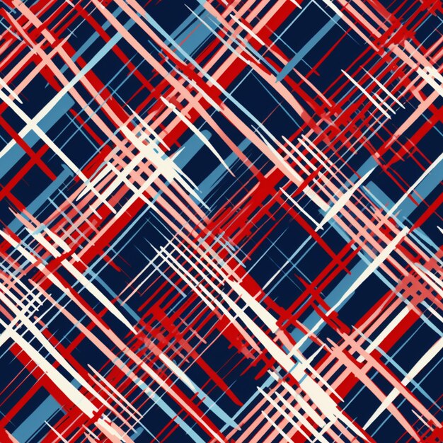 Patrón de cuadros rojos y azules con líneas blancas sobre un fondo azul.
