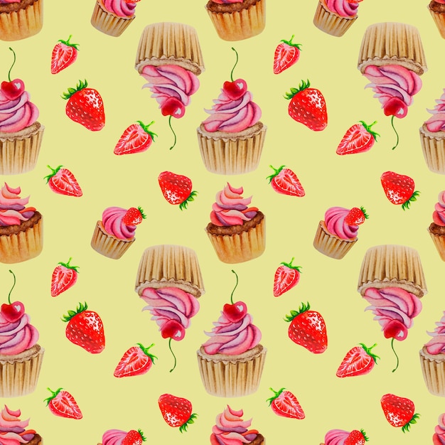 Un patrón de cupcakes y fresas Ilustración acuarela Dulces Ilustración infantil