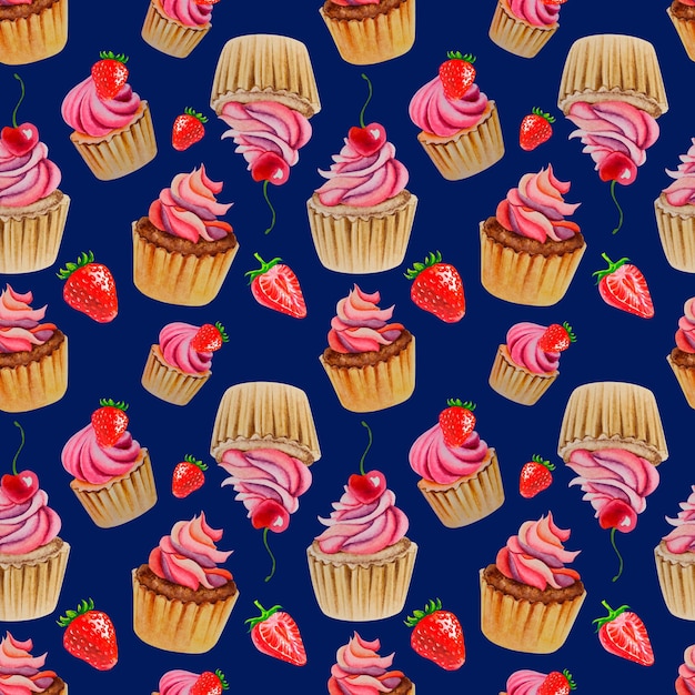 Un patrón de cupcakes y fresas sobre un fondo azul Ilustración de acuarela Pie Un patrón encantador