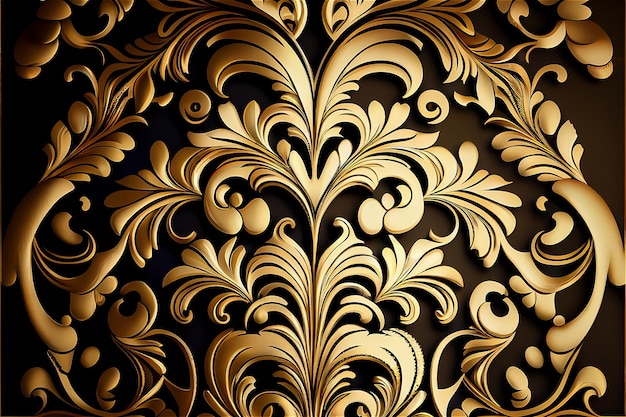 Patrón de damasco dorado sobre un fondo oscuro ideal para decoración y papel tapiz IA generativa