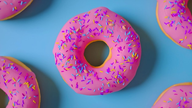 Patrón de deliciosos donuts rosados con textura de fondo rosa, de cerca. mejores dulces del desierto para el desayuno