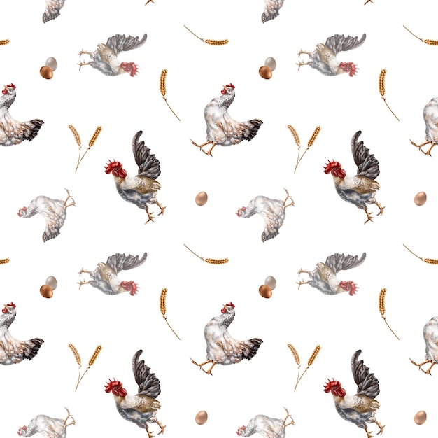 Patrón dibujado a mano sin costuras con pollo y gallo Fondo de flores para telas textiles banner papel de regalo y otros diseños Ilustración digital sobre fondo blanco