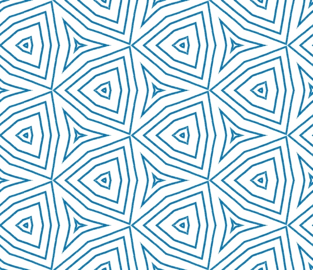 Patrón dibujado a mano a rayas. Fondo caleidoscopio simétrico azul. Impresión auténtica lista para textiles, tela para trajes de baño, papel tapiz, envoltura. Repetición de azulejos dibujados a mano a rayas.