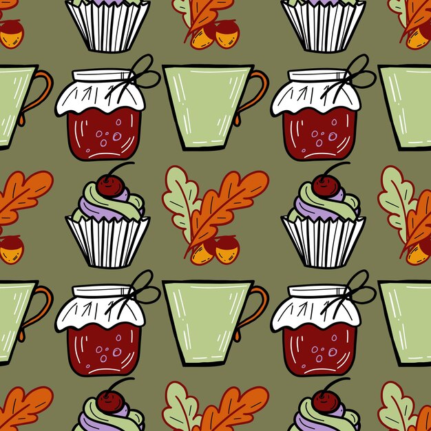 patrón digital sin costuras fruta pera manzana mermelada tarro pastel hojas de otoño y una taza de té