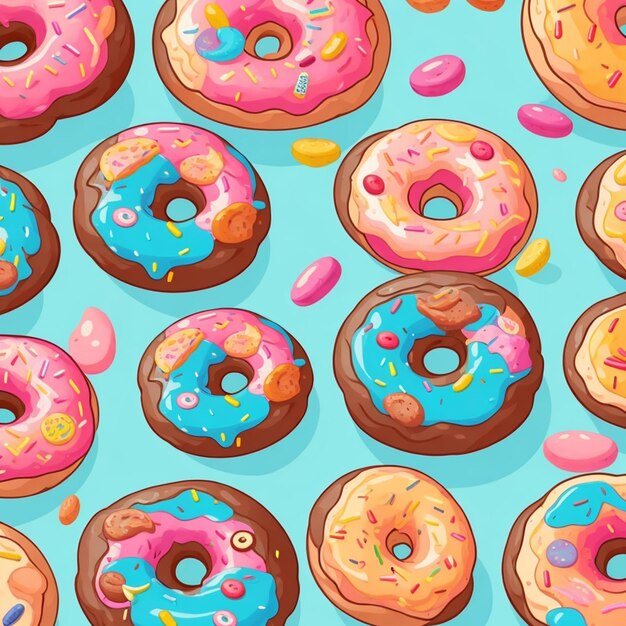 Patrón de donuts coloridos ilustración detallada realista arte vectorial estilo de dibujos animados colores vibrantes