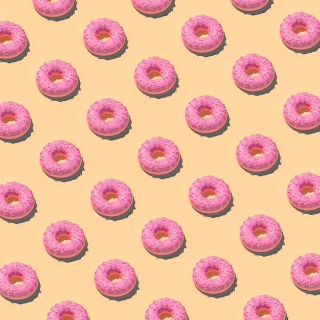 Patrón de donuts rosa sobre fondo amarillo pastel Ilustración de renderizado 3d