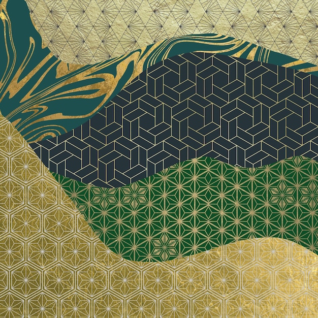 Un patrón dorado y verde con un pájaro en él.