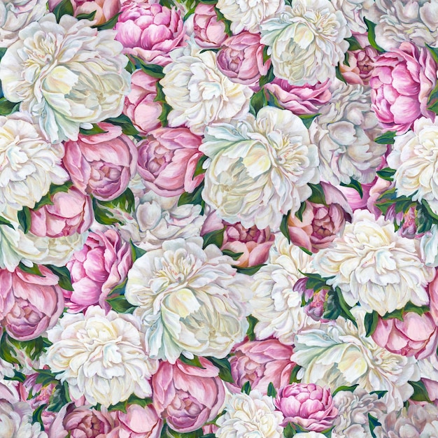 El patrón es peonías blancas y rosas. Pintura al óleo. Ramo de flores.