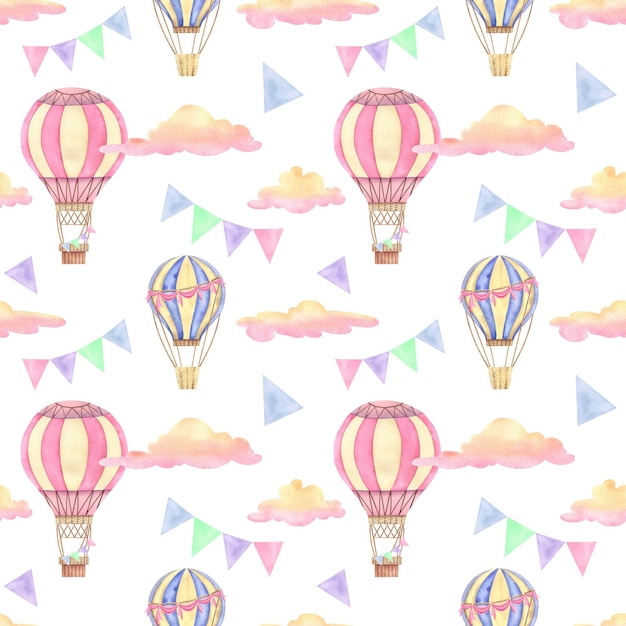El patrón es transparente de globos, nubes y banderas Ilustración de acuarela sobre un fondo aislado Cumpleaños Sueños de la infancia