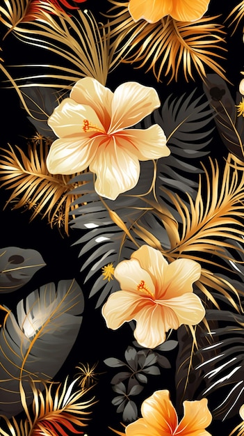 Patrón exótico sin costuras con plantas tropicales e ilustración de oro