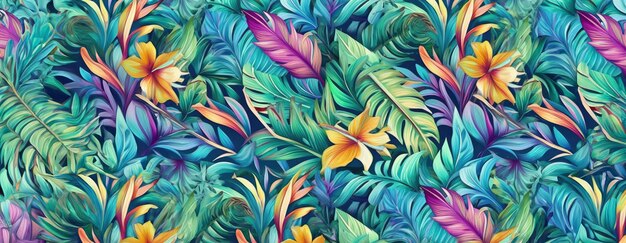 Foto patrón exótico tropical con animales y flores de colores brillantes y vegetación exuberante ai generativo