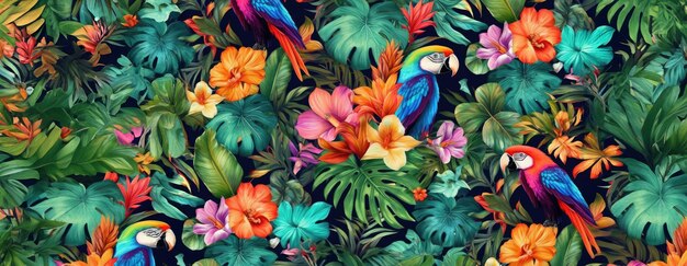 Foto patrón exótico tropical con animales y flores de colores brillantes y vegetación exuberante ai generativo