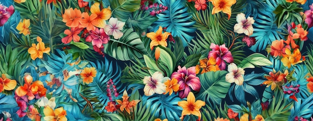 Foto patrón exótico tropical con animales y flores de colores brillantes y vegetación exuberante ai generativo