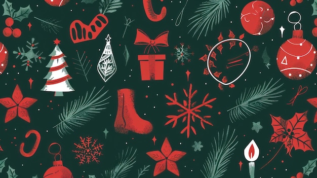 Patrón festivo de íconos y símbolos navideños en rojo y verde