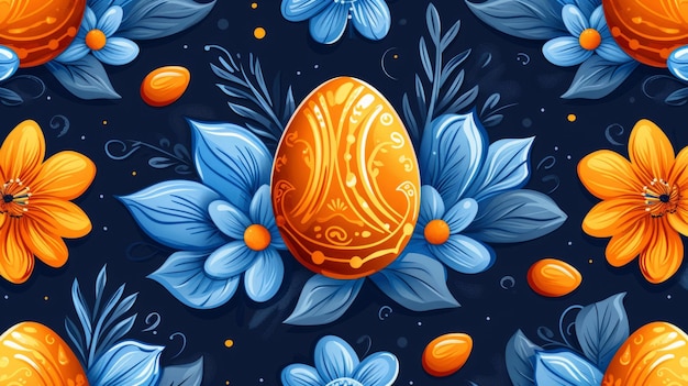 Patrón festivo de Pascua con huevos decorativos en tonos naranjas brillantes y flores azules estilizadas