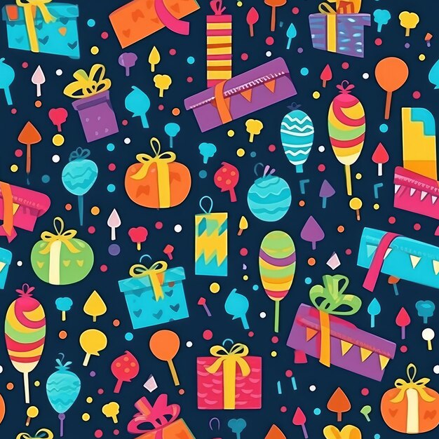 Patrón de fiesta de cumpleaños colorido con regalos y globosxA