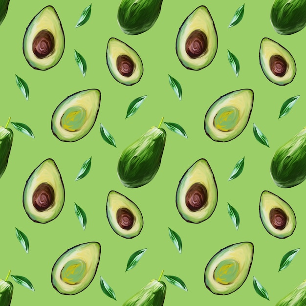 Foto patrón sin fisuras de aguacate sobre fondo verde claro. aguacate, ilustración de dibujo a mano en gouache. ilustración de dibujado a mano de alimentos.