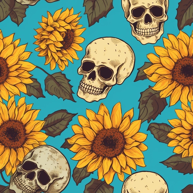 Un patrón sin fisuras con calaveras y girasoles sobre un fondo azul.