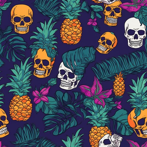 Patrón sin fisuras con calaveras y piñas sobre un fondo oscuro.