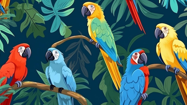 Patrón sin fisuras con el concepto de diseño de papel tapiz de fondo de loros de dibujos animados