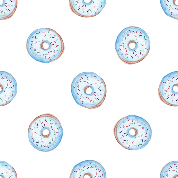 Patrón sin fisuras de donuts azul acuarela sobre fondo blanco