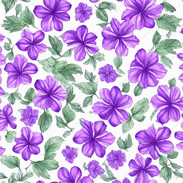 Un patrón sin fisuras con flores de color púrpura sobre un fondo blanco.