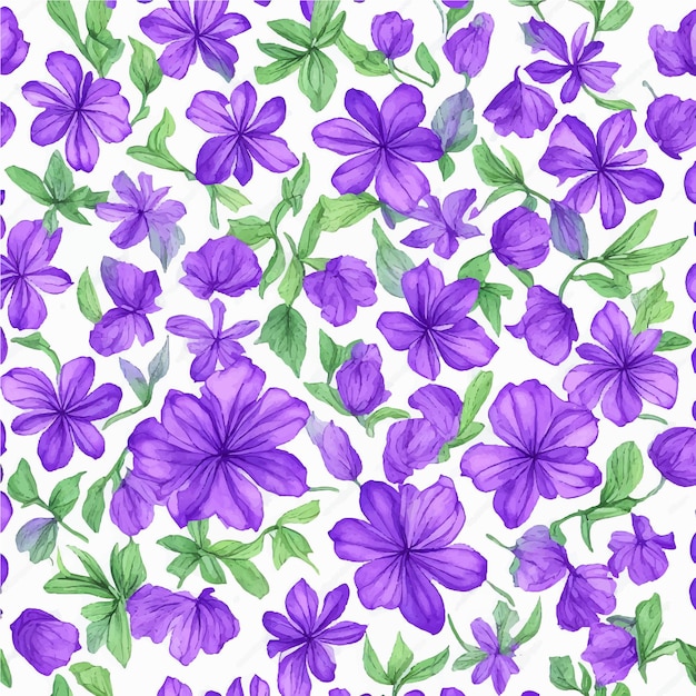 Un patrón sin fisuras con flores de color púrpura sobre un fondo blanco.
