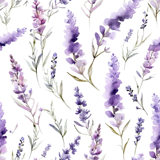 Un patrón sin fisuras de flores de color púrpura sobre un fondo blanco.