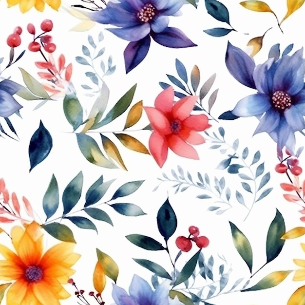 Un patrón sin fisuras con flores de colores sobre un fondo blanco.