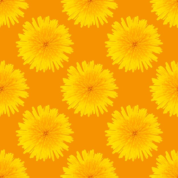 Patrón sin fisuras de flores de diente de león amarillo sobre un fondo naranja.