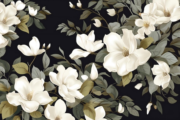 Patrón sin fisuras con flores de magnolia blanca sobre fondo oscuro