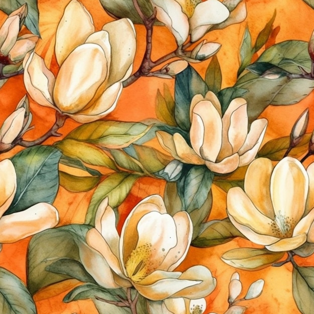 Patrón sin fisuras de flores de magnolia sobre un fondo naranja. acuarela.