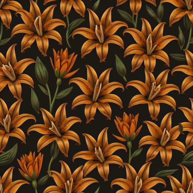 Patrón sin fisuras con flores naranjas sobre un fondo oscuro.
