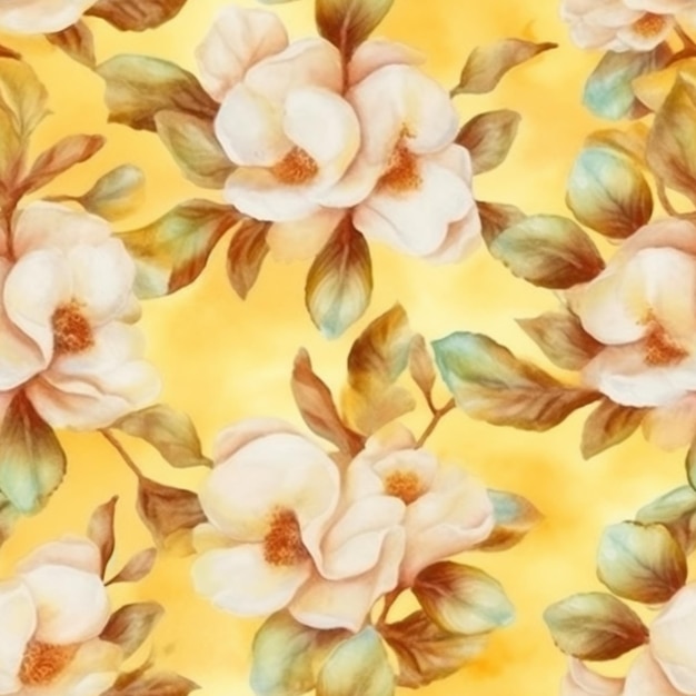 Un patrón sin fisuras con flores sobre un fondo amarillo.