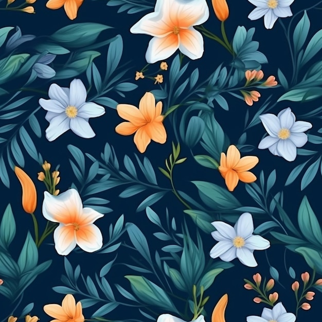 Un patrón sin fisuras con flores sobre un fondo azul oscuro.