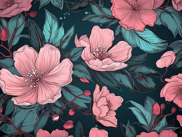 Patrón sin fisuras de fondo de flores rosadas para textiles y deformaciones de papel.