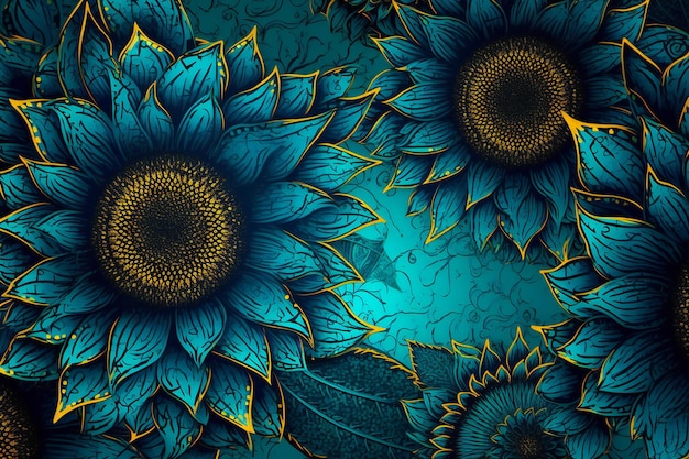 Patrón sin fisuras con girasoles sobre un fondo azul.