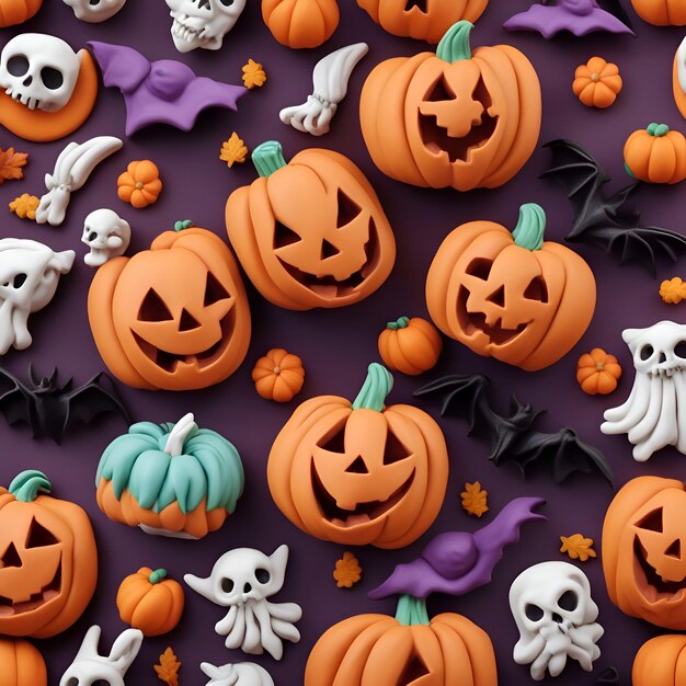 Patrón sin fisuras de Halloween con calabazas y murciélagos render 3d