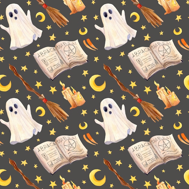 Patrón sin fisuras de Halloween. Libro mágico Abracadabra, vela, estrellas, fantasma, luna y escoba.