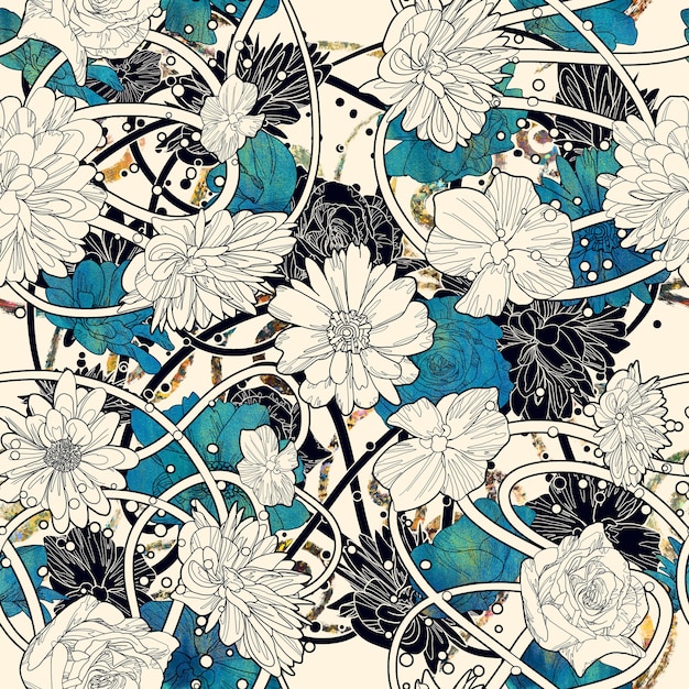 Patrón sin fisuras con hermosas flores sobre fondo blanco, pintura de ilustración floral