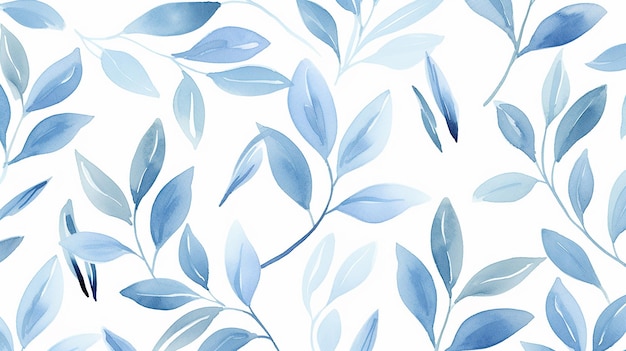 Patrón sin fisuras de hojas azules con fondo de naturaleza invernal acuarela