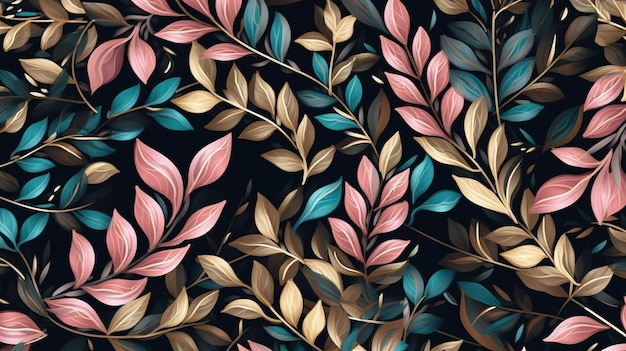 Un patrón sin fisuras con hojas de colores sobre un fondo negro.