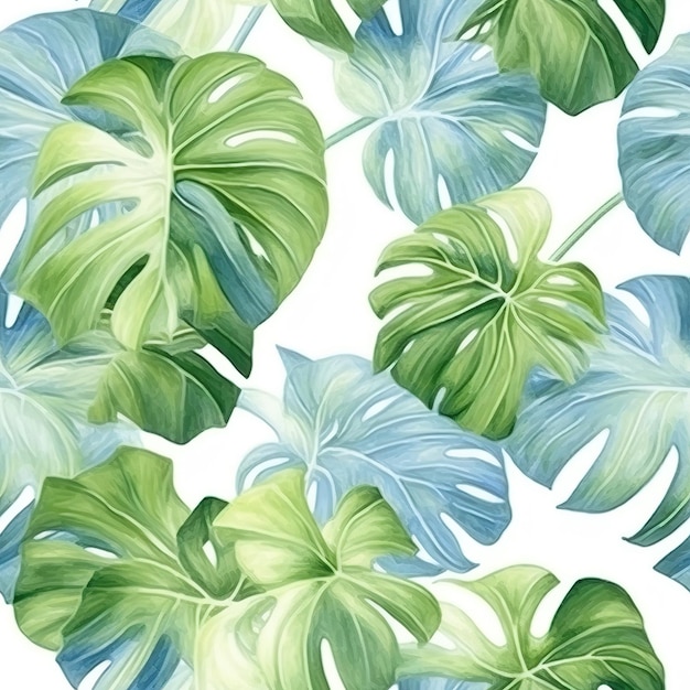 Un patrón sin fisuras con hojas tropicales sobre un fondo blanco.