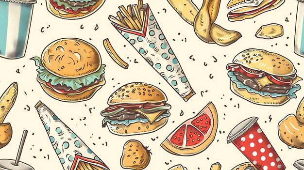 Un patrón sin fisuras de ilustraciones de comida rápida dibujadas a mano El patrón presenta hamburguesas, perritos calientes, papas fritas y bebidas