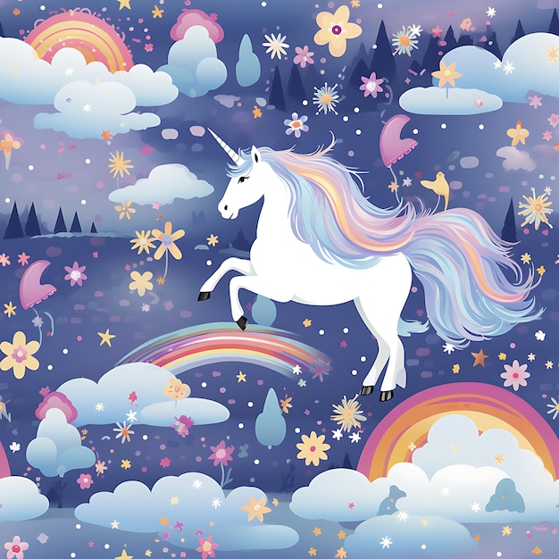 Patrón sin fisuras de un impresionante e impresionante Unicornio mágico creativo y vívido país de las maravillas con arco iris