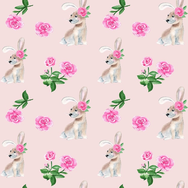 Patrón sin fisuras con lindo conejo conejito y rosa flores acuarela dibujado a mano ilustración